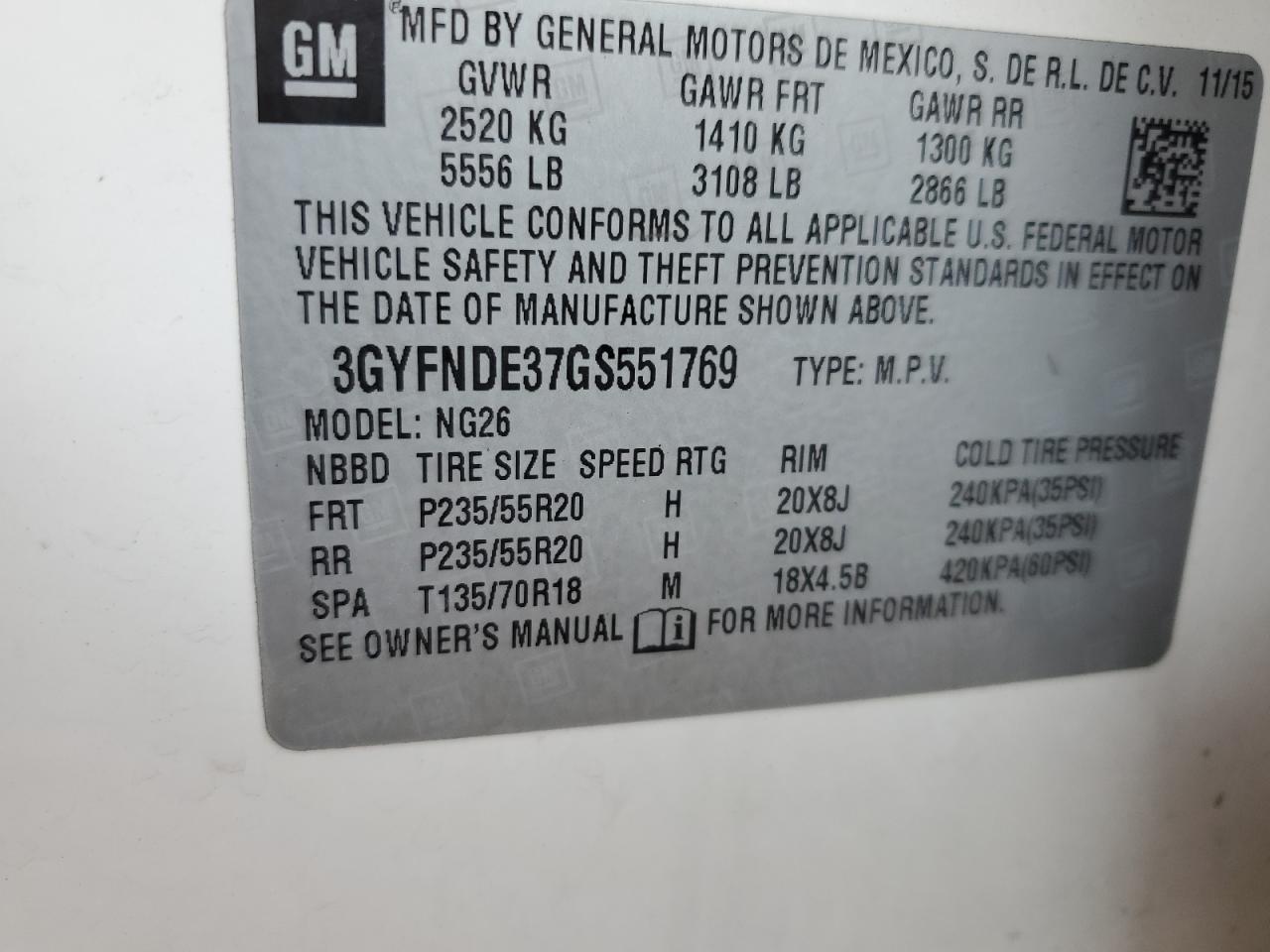 2016 Cadillac Srx Premium Collection VIN: 3GYFNDE37GS551769 Lot: 69224115