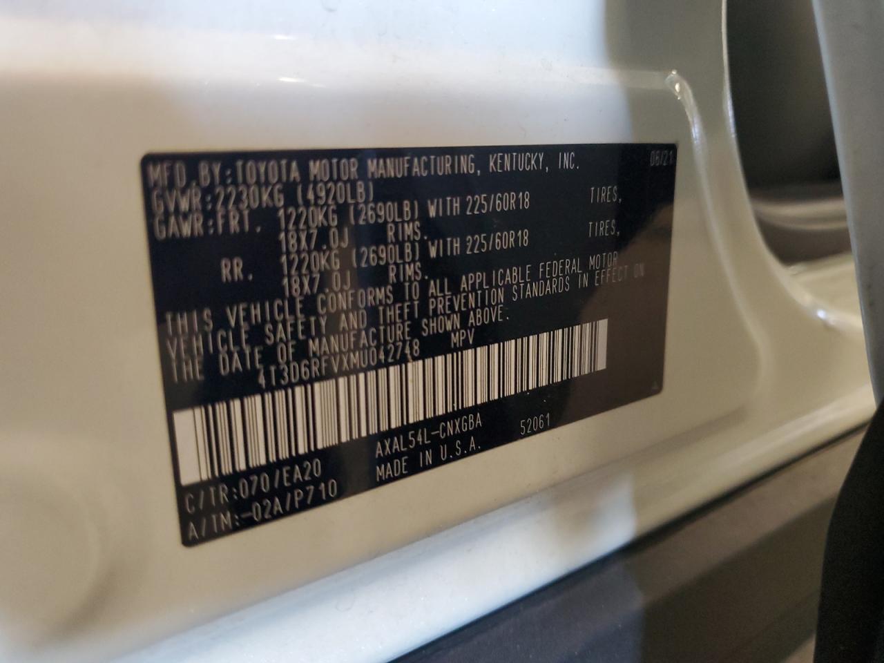 2021 Toyota Rav4 Limited VIN: 4T3D6RFVXMU042748 Lot: 70424655