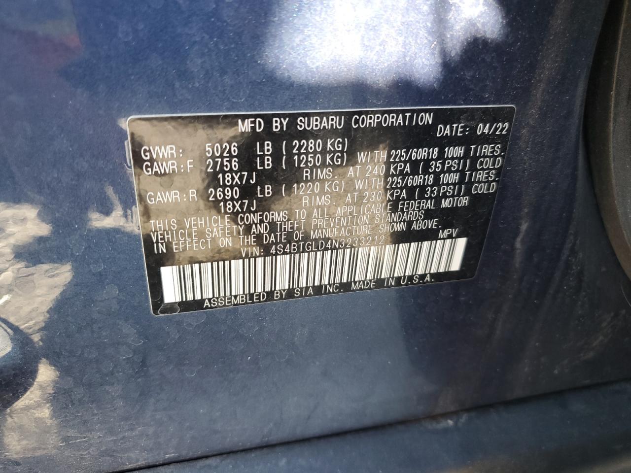 2022 Subaru Outback Onyx Edition Xt VIN: 4S4BTGLD4N3233212 Lot: 68764535