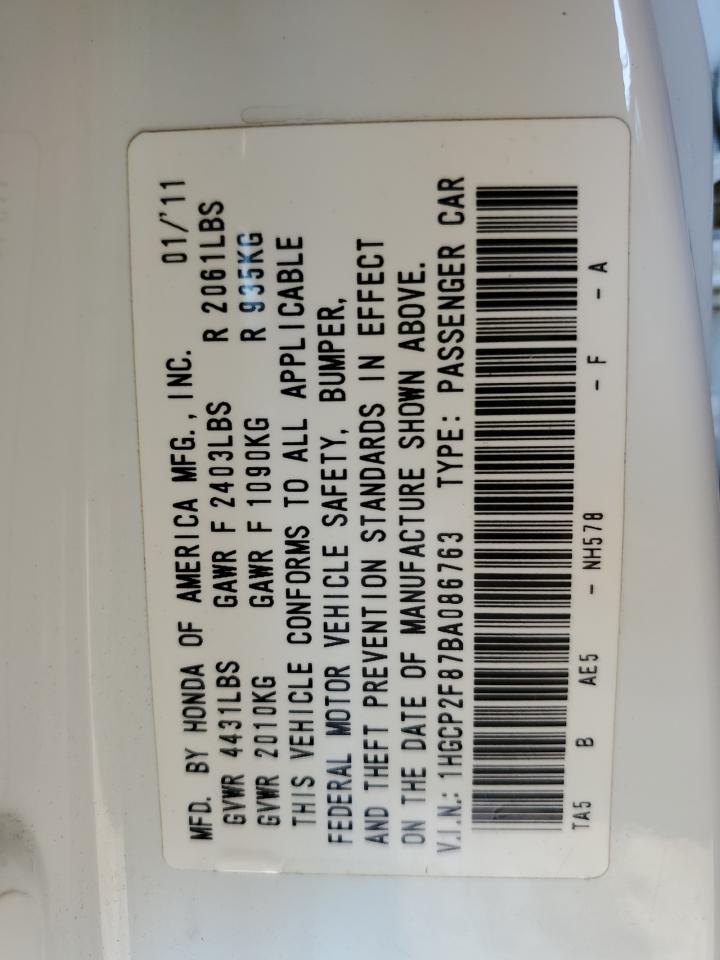 2011 Honda Accord Exl VIN: 1HGCP2F87BA086763 Lot: 68548075