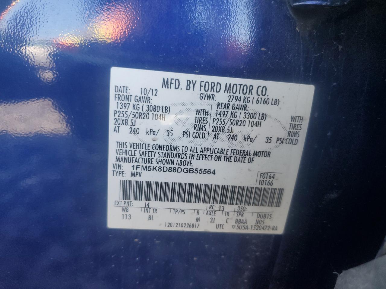 2013 Ford Explorer Xlt VIN: 1FM5K8D88DGB55564 Lot: 67767175