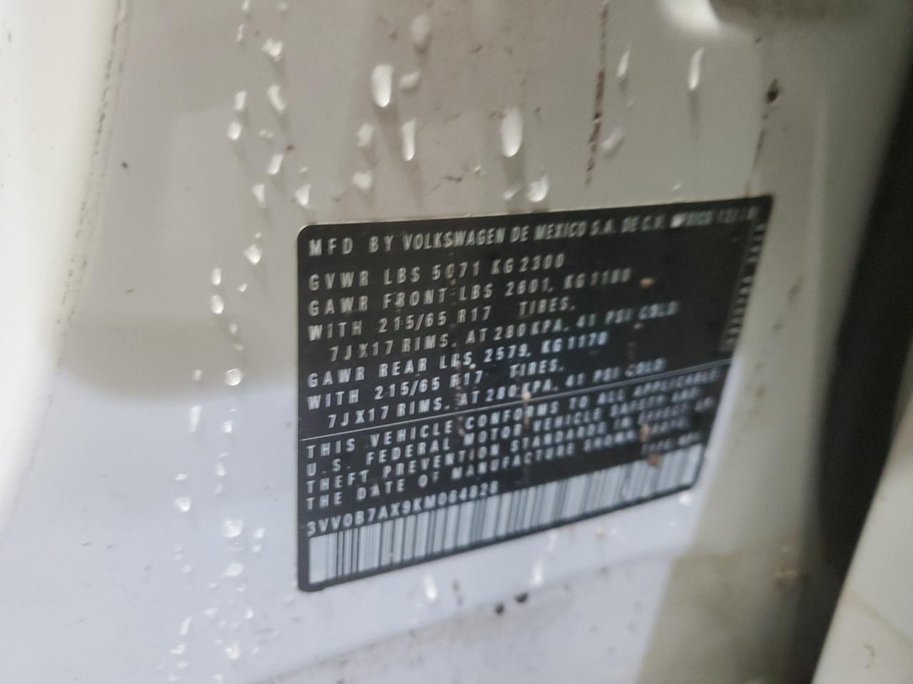 2019 Volkswagen Tiguan S VIN: 3VV0B7AX9KM064828 Lot: 67798645