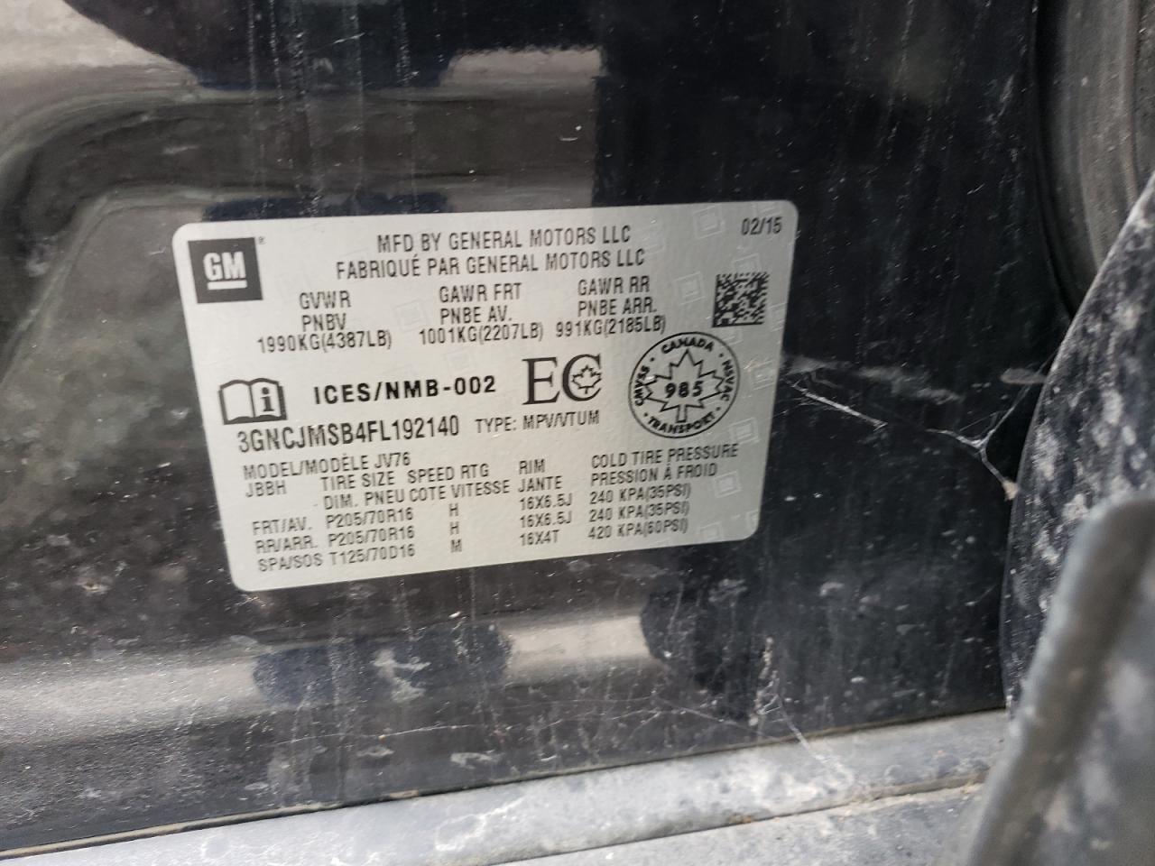 2015 Chevrolet Trax 2Lt VIN: 3GNCJMSB4FL192140 Lot: 70479565