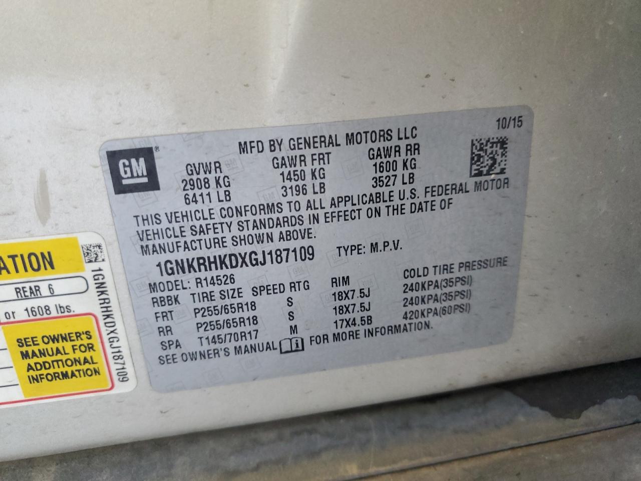 2016 Chevrolet Traverse Lt VIN: 1GNKRHKDXGJ187109 Lot: 70509755