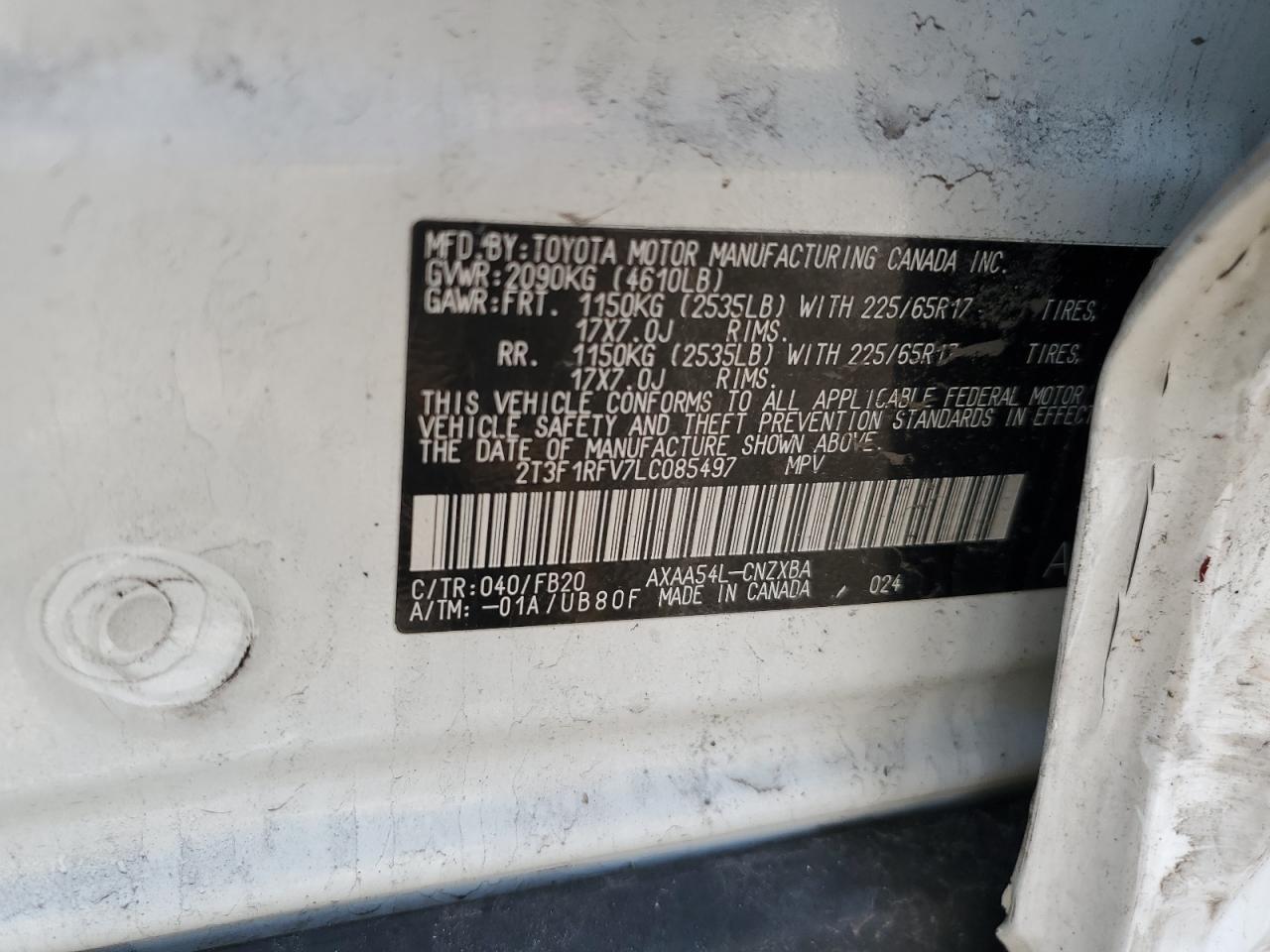 2020 Toyota Rav4 Le VIN: 2T3F1RFV7LC085497 Lot: 68978045