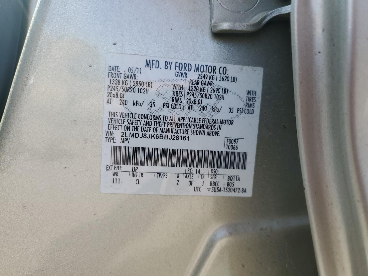 2011 Lincoln Mkx VIN: 2LMDJ8JK6BBJ28161 Lot: 68316385