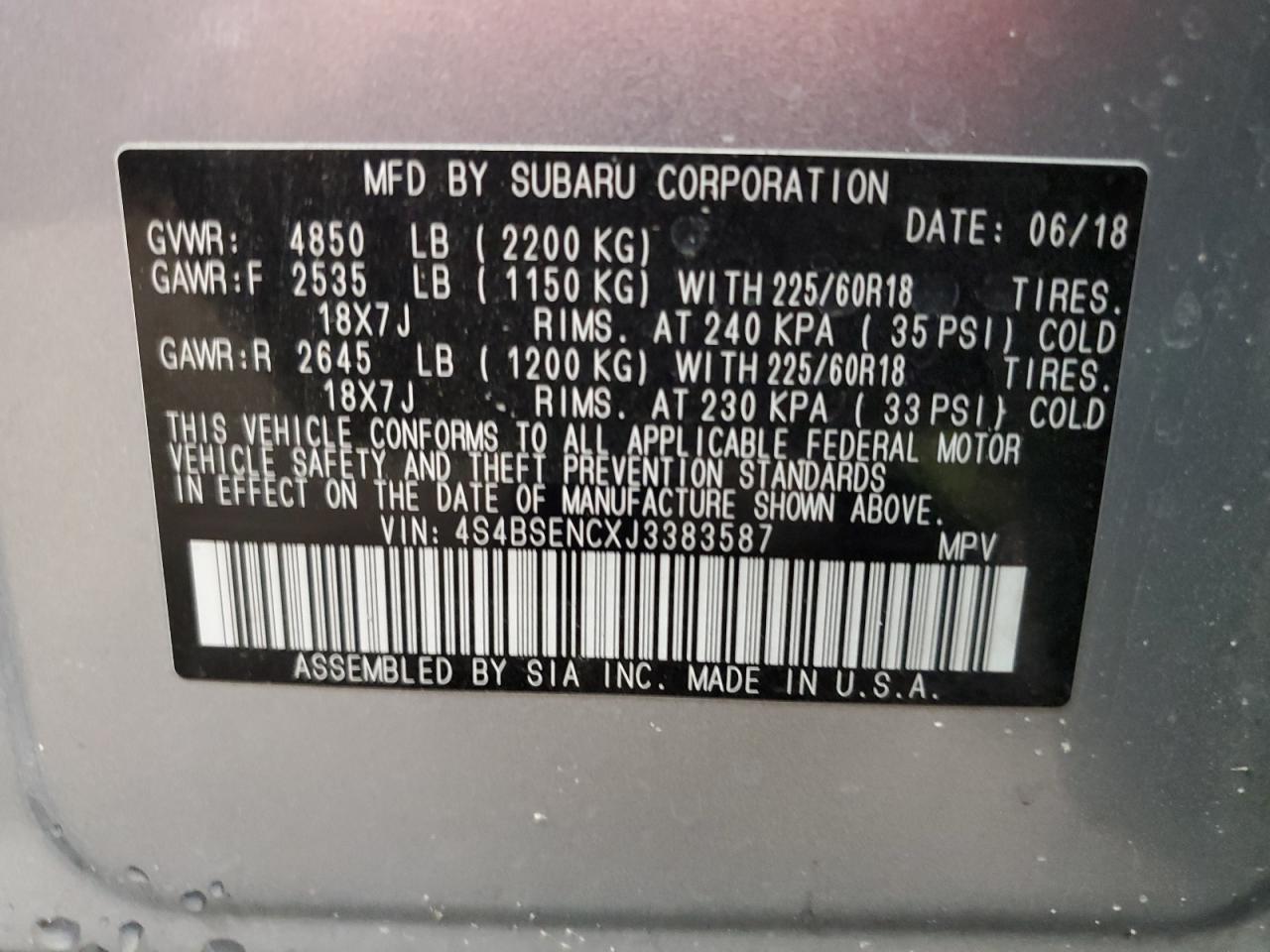 2018 Subaru Outback 3.6R Limited VIN: 4S4BSENCXJ3383587 Lot: 68046135