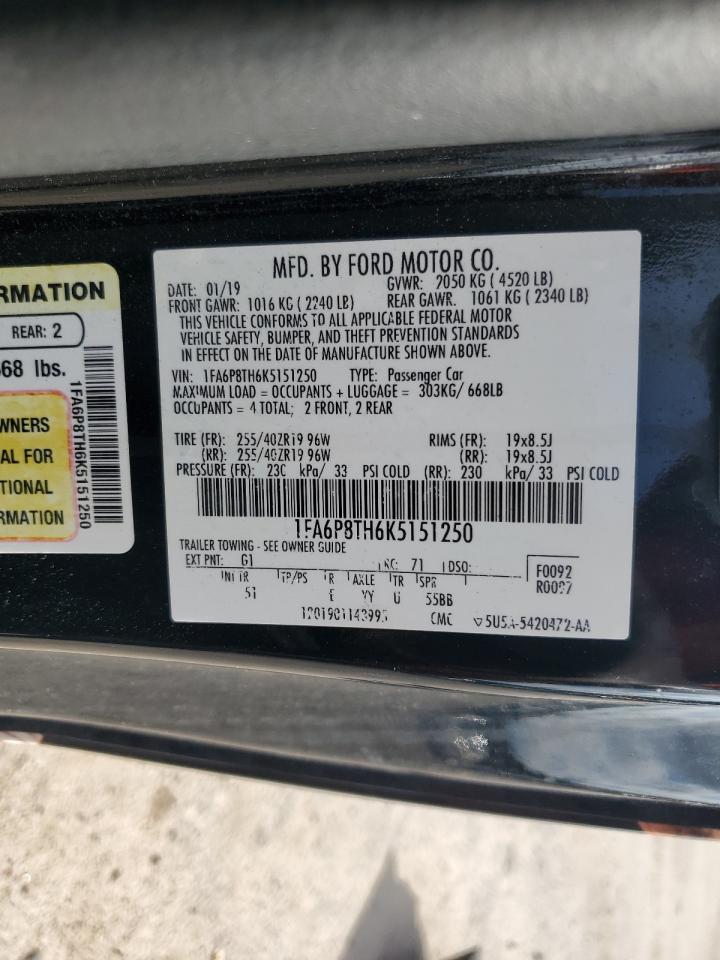 2019 Ford Mustang VIN: 1FA6P8TH6K5151250 Lot: 68167885