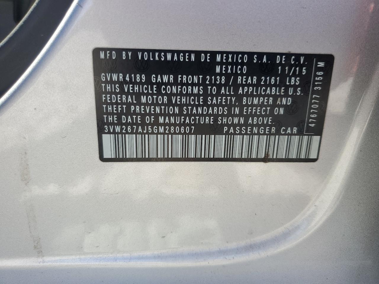 2016 Volkswagen Jetta S VIN: 3VW267AJ5GM280607 Lot: 71131245