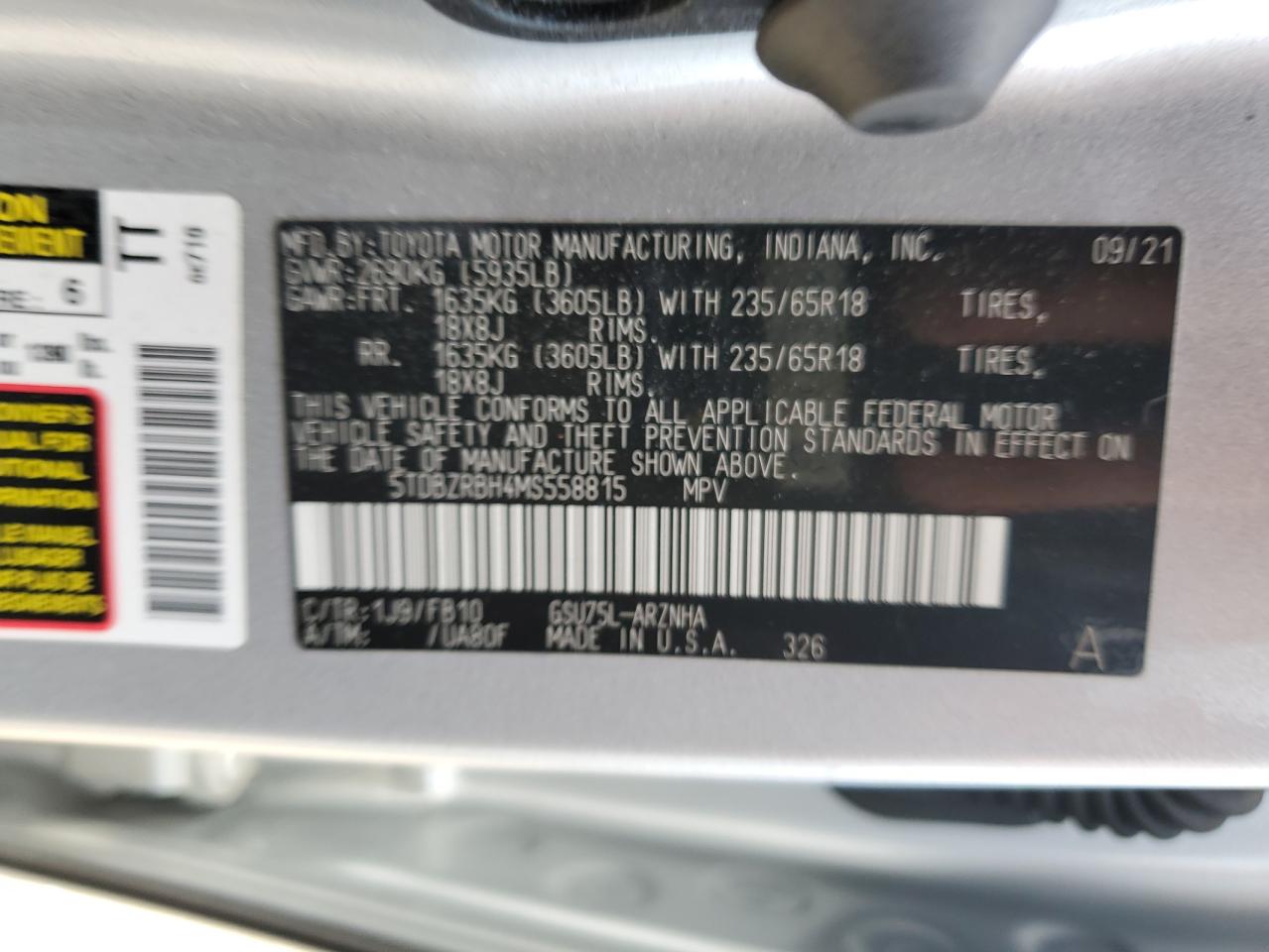 2021 Toyota Highlander L VIN: 5TDBZRBH4MS558815 Lot: 70363855