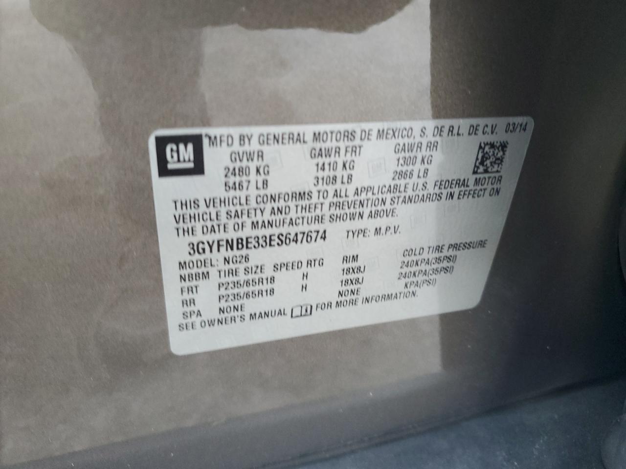 2014 Cadillac Srx Luxury Collection VIN: 3GYFNBE33ES647674 Lot: 70268005