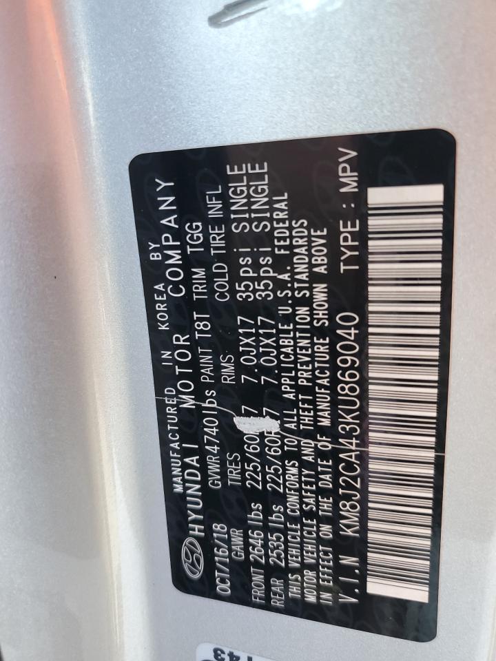 2019 Hyundai Tucson Se VIN: KM8J2CA43KU869040 Lot: 68196045