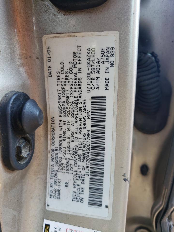 2005 Lexus Gx 470 VIN: JTJBT20X450077984 Lot: 69302115