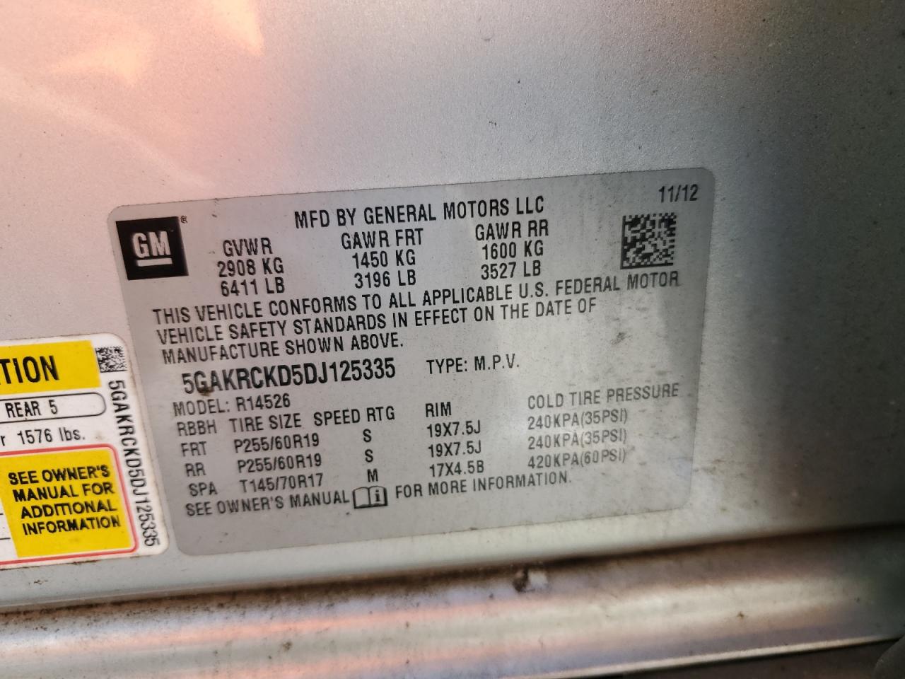 2013 Buick Enclave VIN: 5GAKRCKD5DJ125335 Lot: 70292745