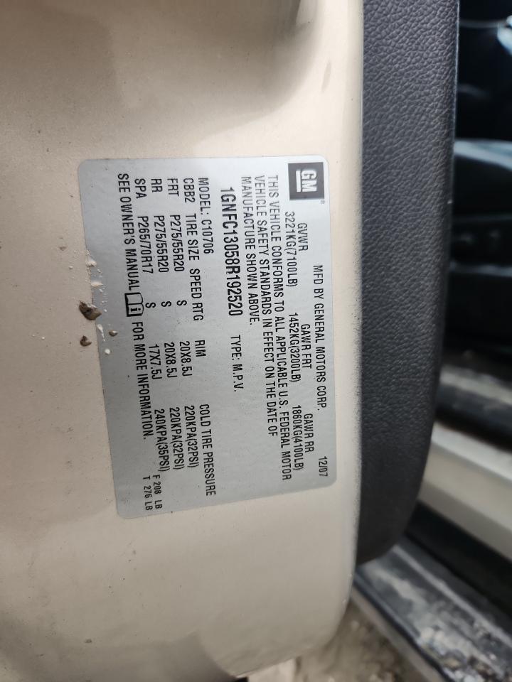 2008 Chevrolet Tahoe C1500 VIN: 1GNFC13058R192520 Lot: 68013565