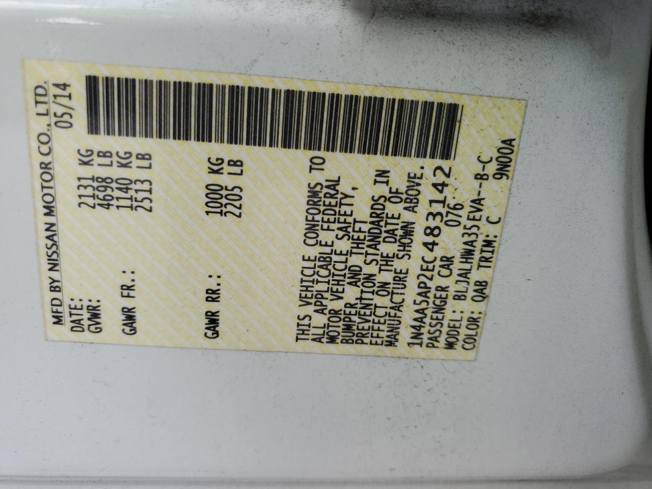 2014 Nissan Maxima S VIN: 1N4AA5AP2EC483142 Lot: 70559875