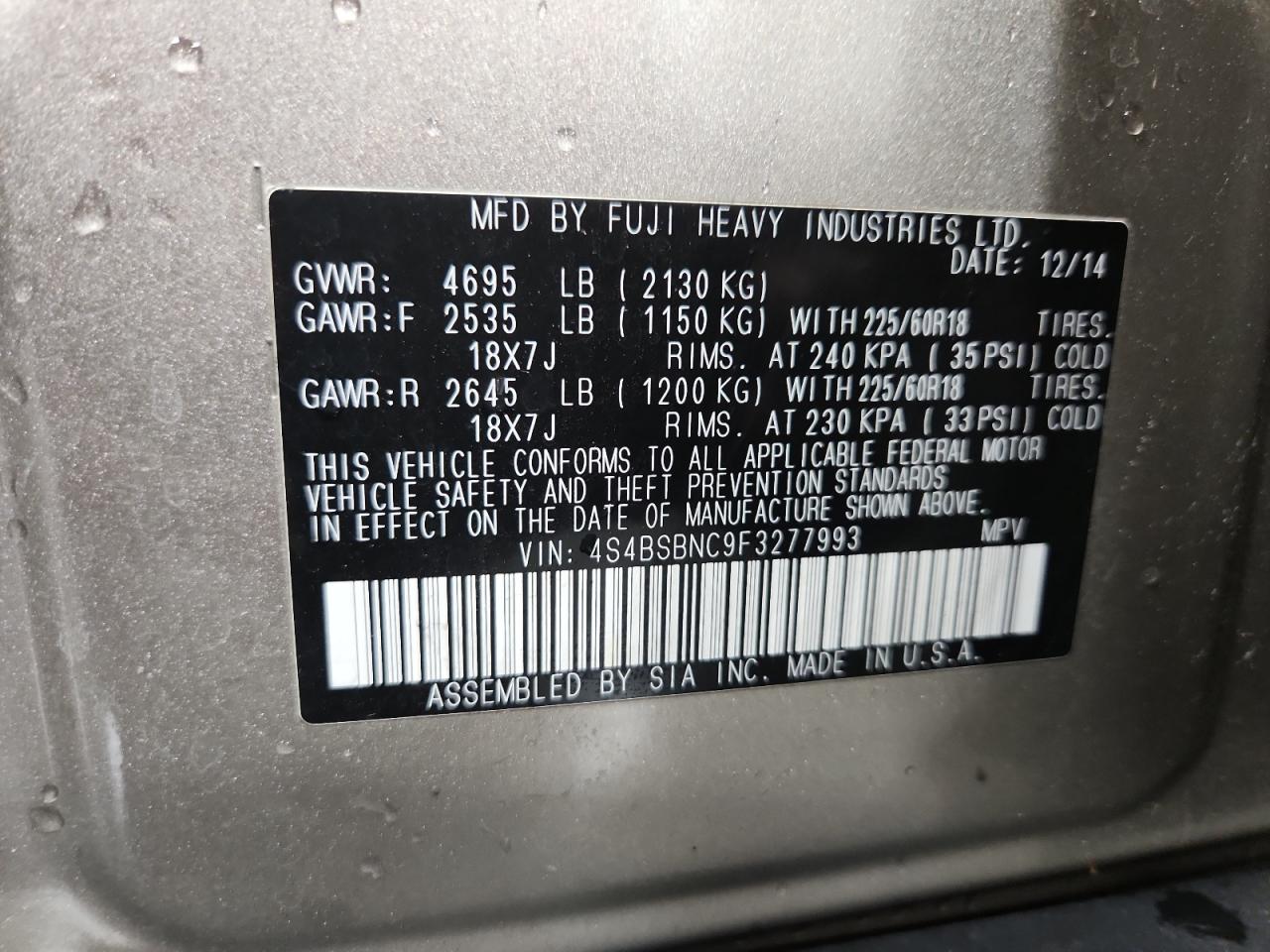 2015 Subaru Outback 2.5I Limited VIN: 4S4BSBNC9F3277993 Lot: 70316895