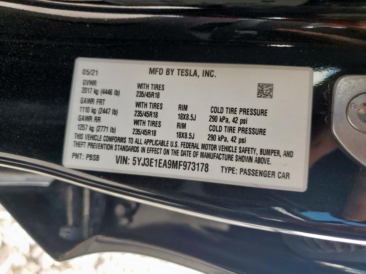 2021 Tesla Model 3 VIN: 5YJ3E1EA9MF973178 Lot: 70153335
