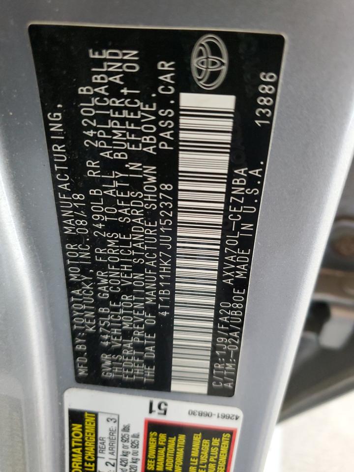 2018 Toyota Camry L VIN: 4T1B11HK7JU152378 Lot: 70343765