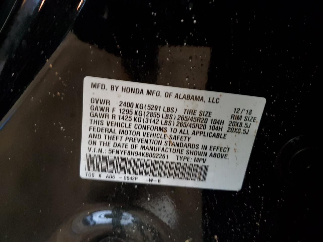 2019 Honda Passport Touring VIN: 5FNYF8H94KB002261 Lot: 67865985