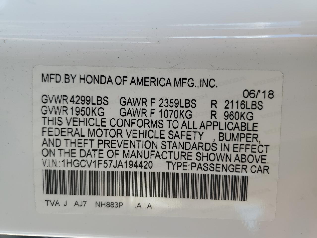 2018 Honda Accord Exl VIN: 1HGCV1F57JA194420 Lot: 69675935