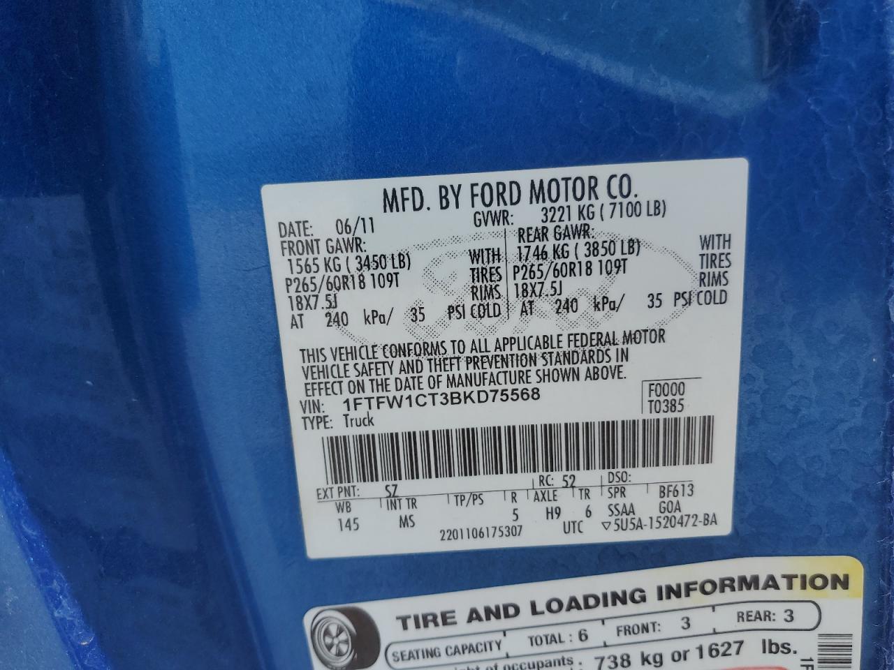 2011 Ford F150 Supercrew VIN: 1FTFW1CT3BKD75568 Lot: 68087585
