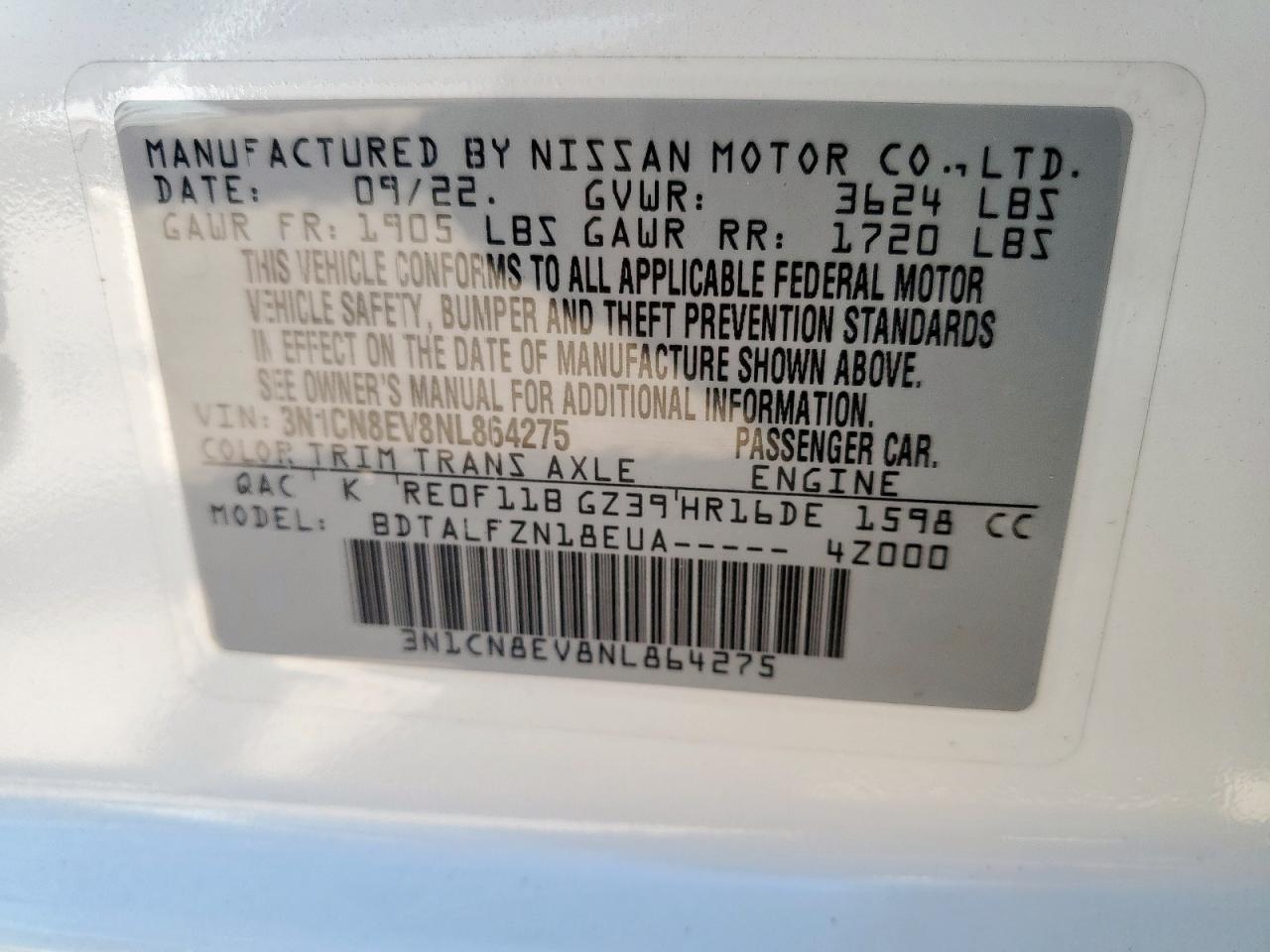 2022 Nissan Versa Sv VIN: 3N1CN8EV8NL864275 Lot: 71062825