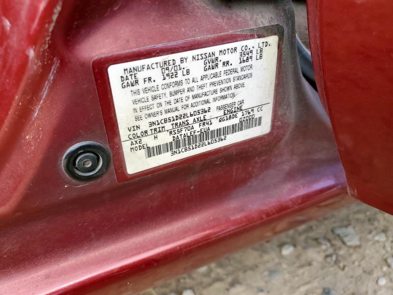 2002 Nissan Sentra Xe VIN: 3N1CB51D22L605362 Lot: 70495165