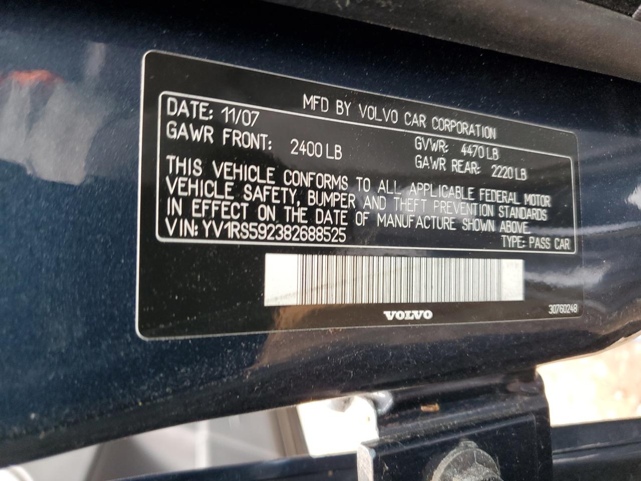 2008 Volvo S60 2.5T VIN: YV1RS592382688525 Lot: 71030255