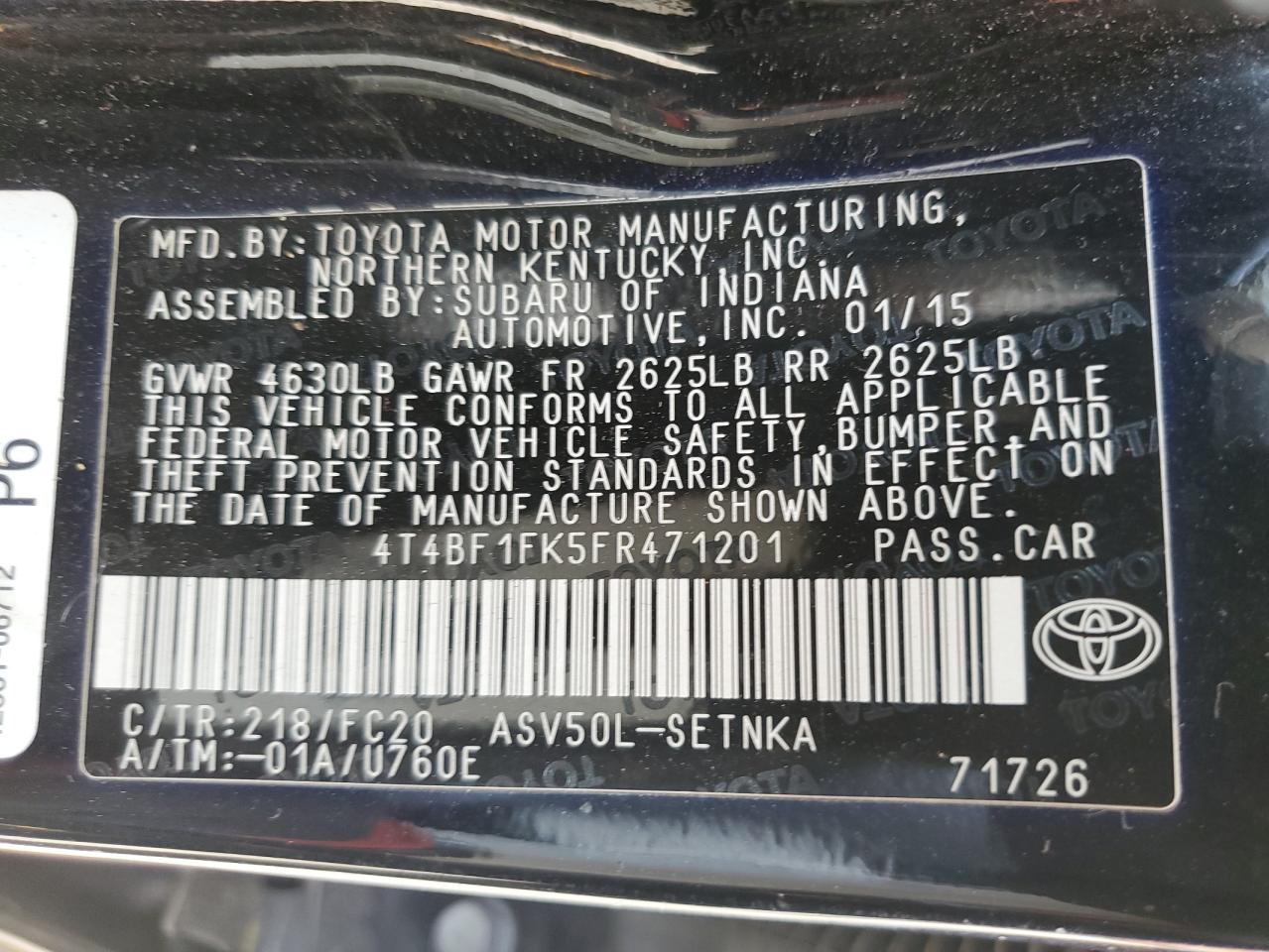 2015 Toyota Camry Le VIN: 4T4BF1FK5FR471201 Lot: 67672825