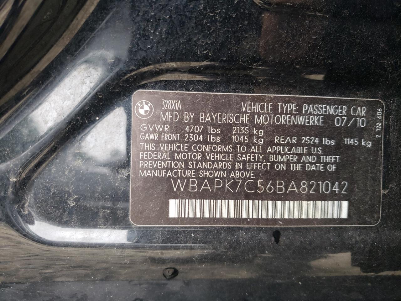 2011 BMW 328 Xi VIN: WBAPK7C56BA821042 Lot: 67367925