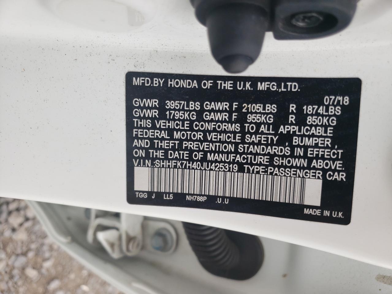 2018 Honda Civic Sport VIN: SHHFK7H40JU425319 Lot: 68997715