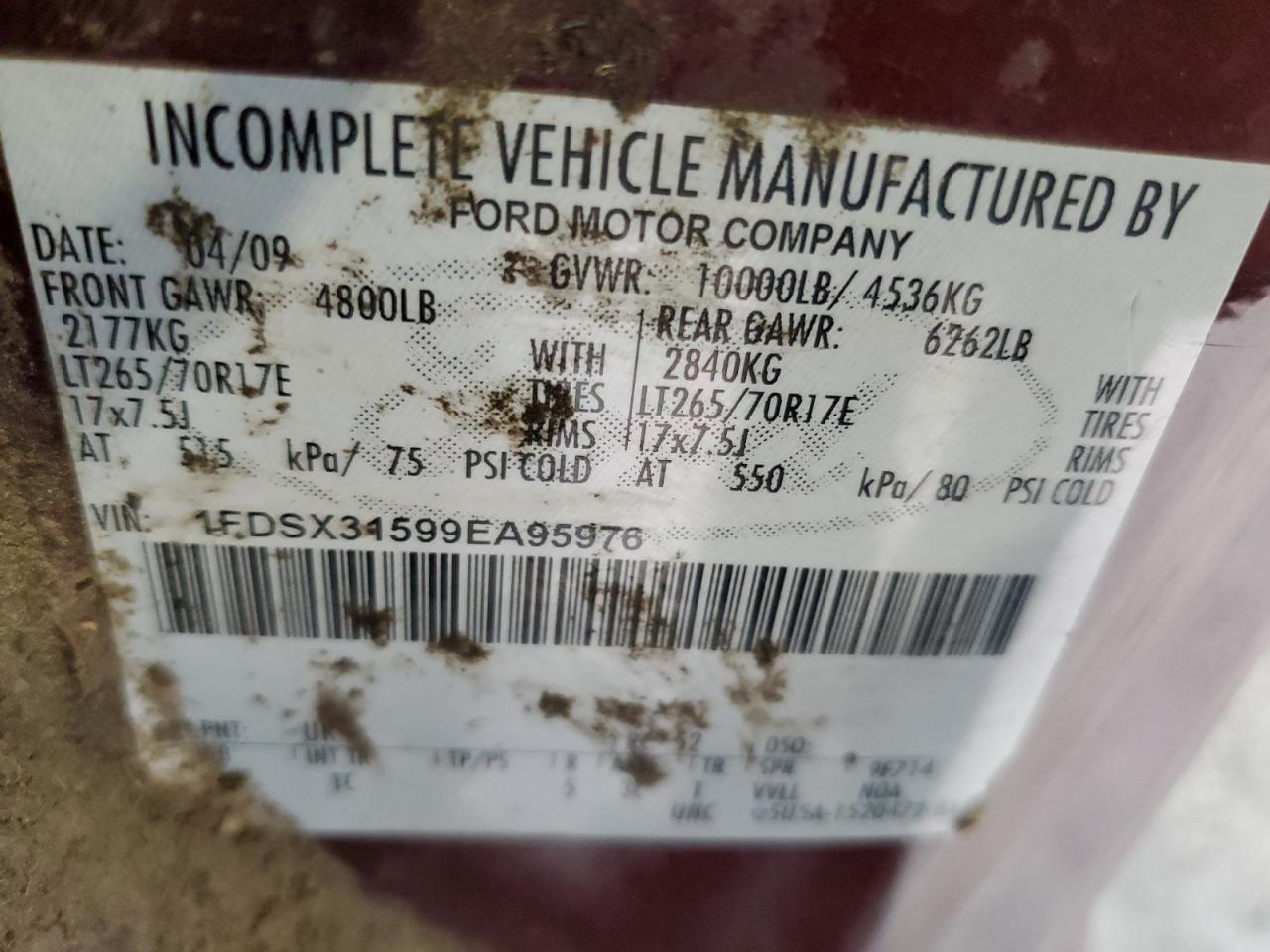 2009 Ford F350 Super Duty VIN: 1FDSX31599EA95976 Lot: 70743695