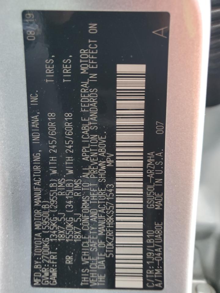 2019 Toyota Highlander Se VIN: 5TDKZRFH8KS571543 Lot: 69191795