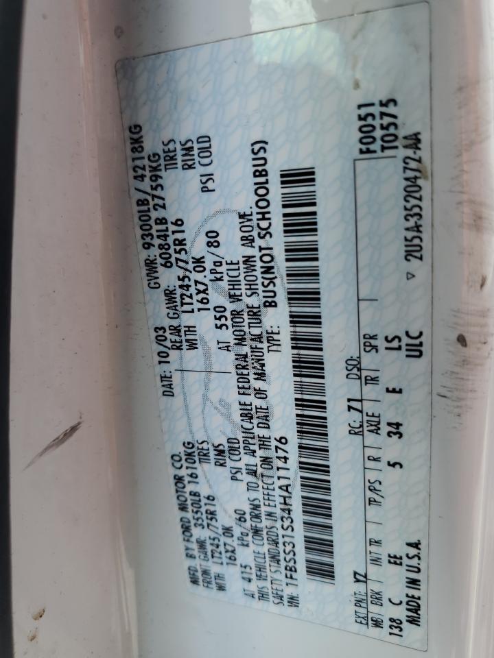 2004 Ford Econoline E350 Super Duty Wagon VIN: 1FBSS31S34HA11476 Lot: 70597465