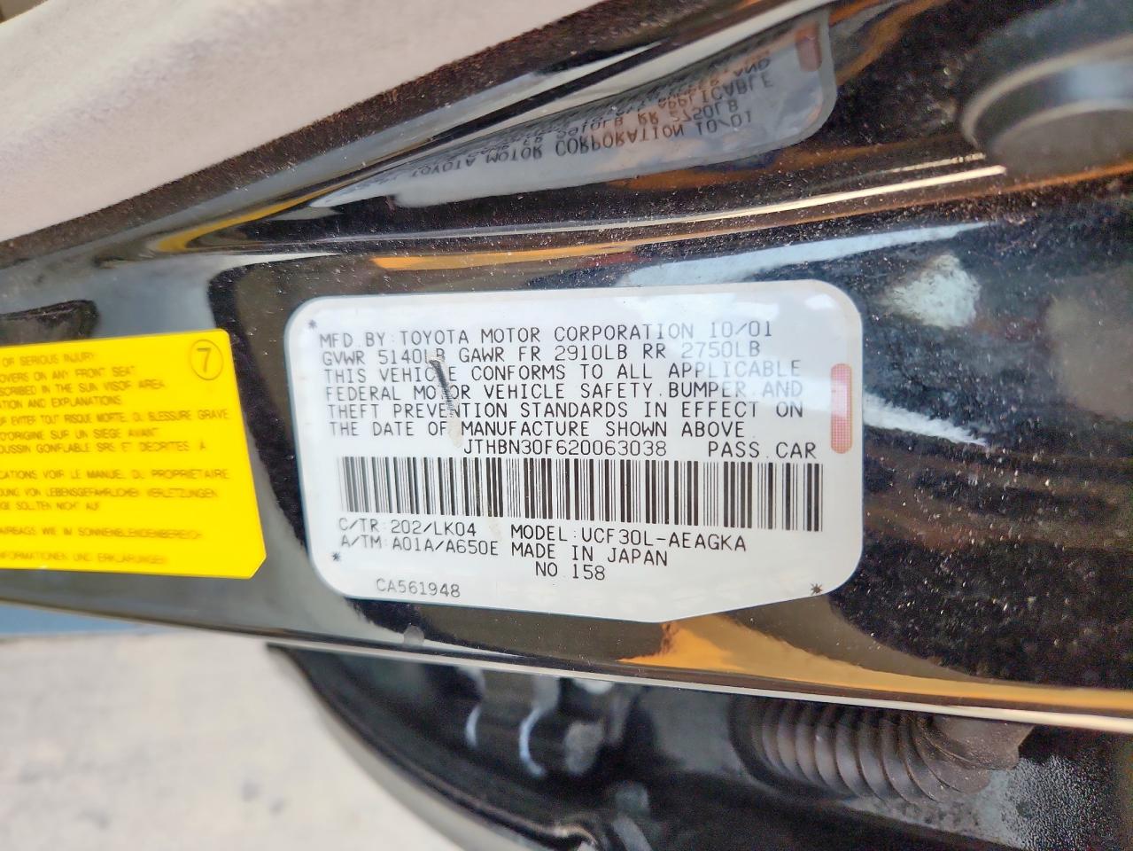 2002 Lexus Ls 430 VIN: JTHBN30F620063038 Lot: 70571655