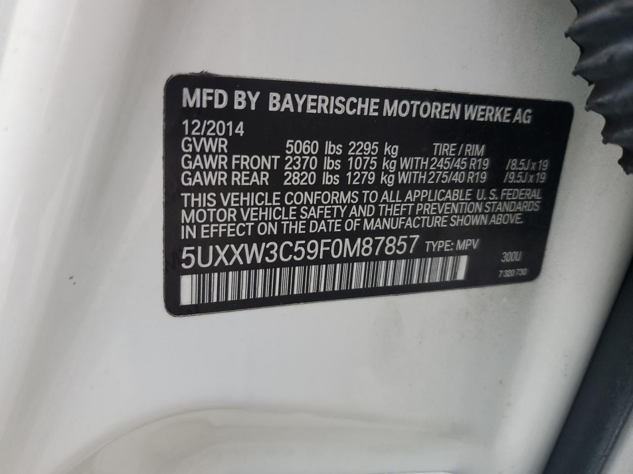 2015 BMW X4 xDrive28I VIN: 5UXXW3C59F0M87857 Lot: 67607245