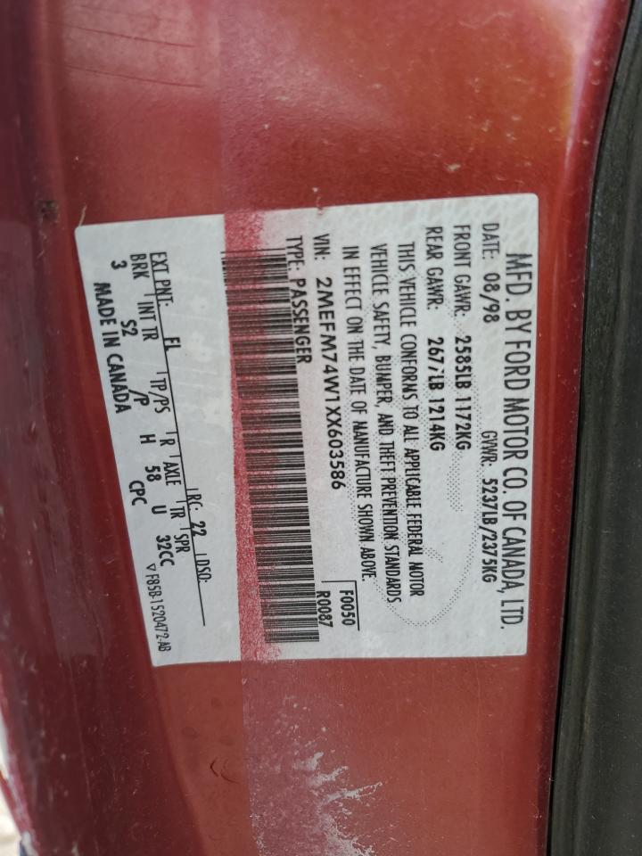 1999 Mercury Grand Marquis Gs VIN: 2MEFM74W1XX603586 Lot: 69378885