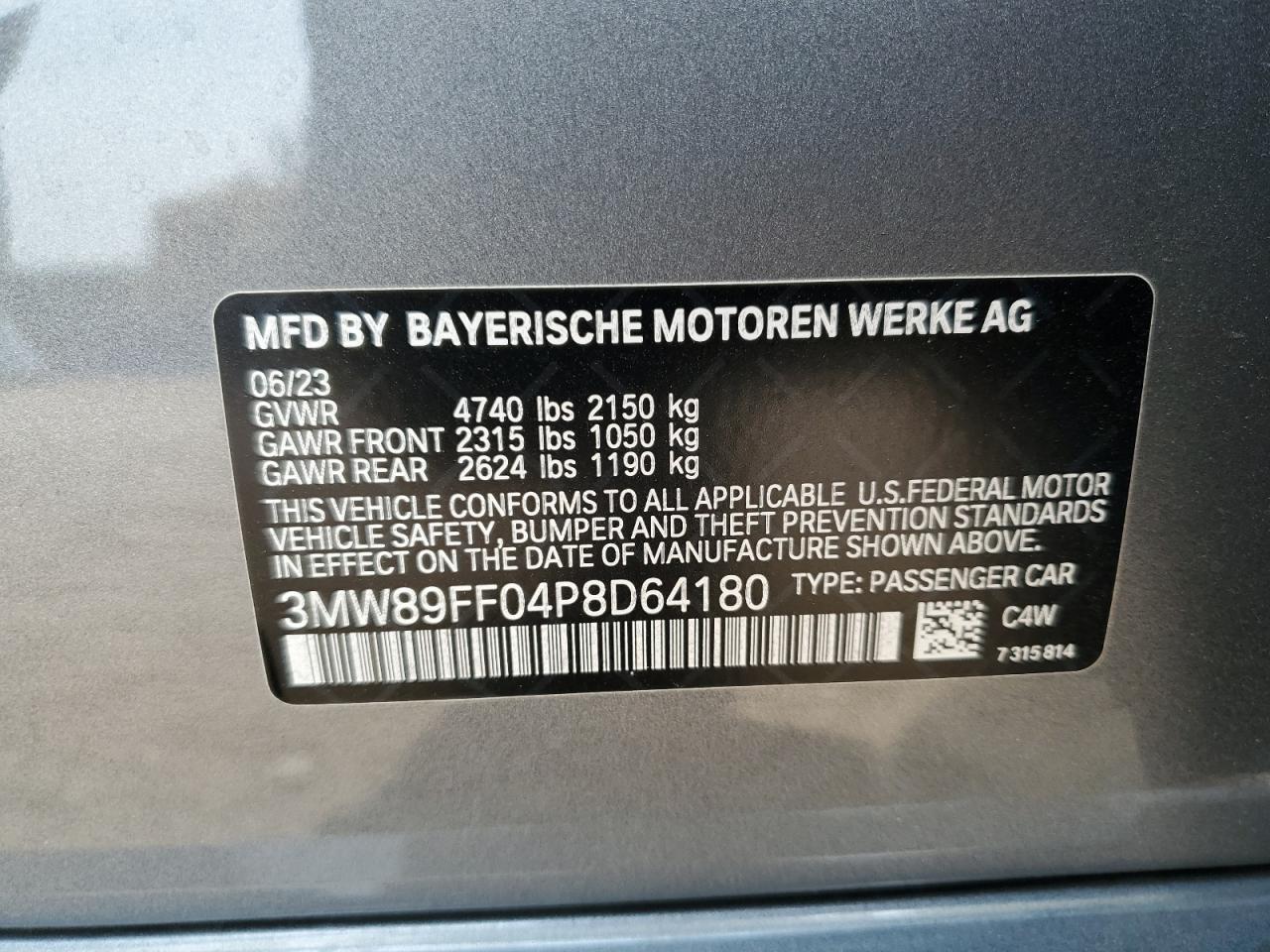 2023 BMW 330Xi VIN: 3MW89FF04P8D64180 Lot: 70650175
