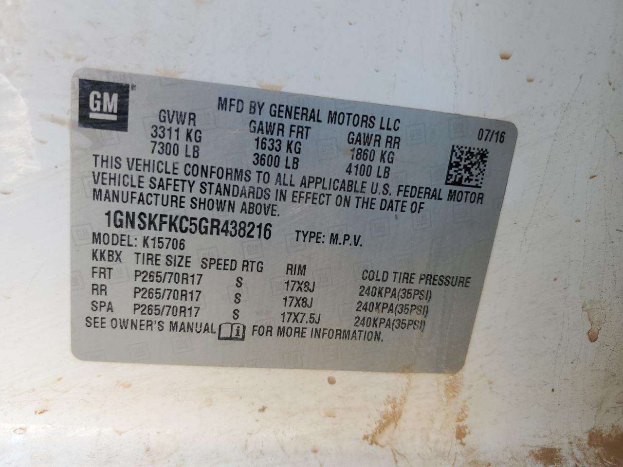 2016 Chevrolet Tahoe Special VIN: 1GNSKFKC5GR438216 Lot: 66942125
