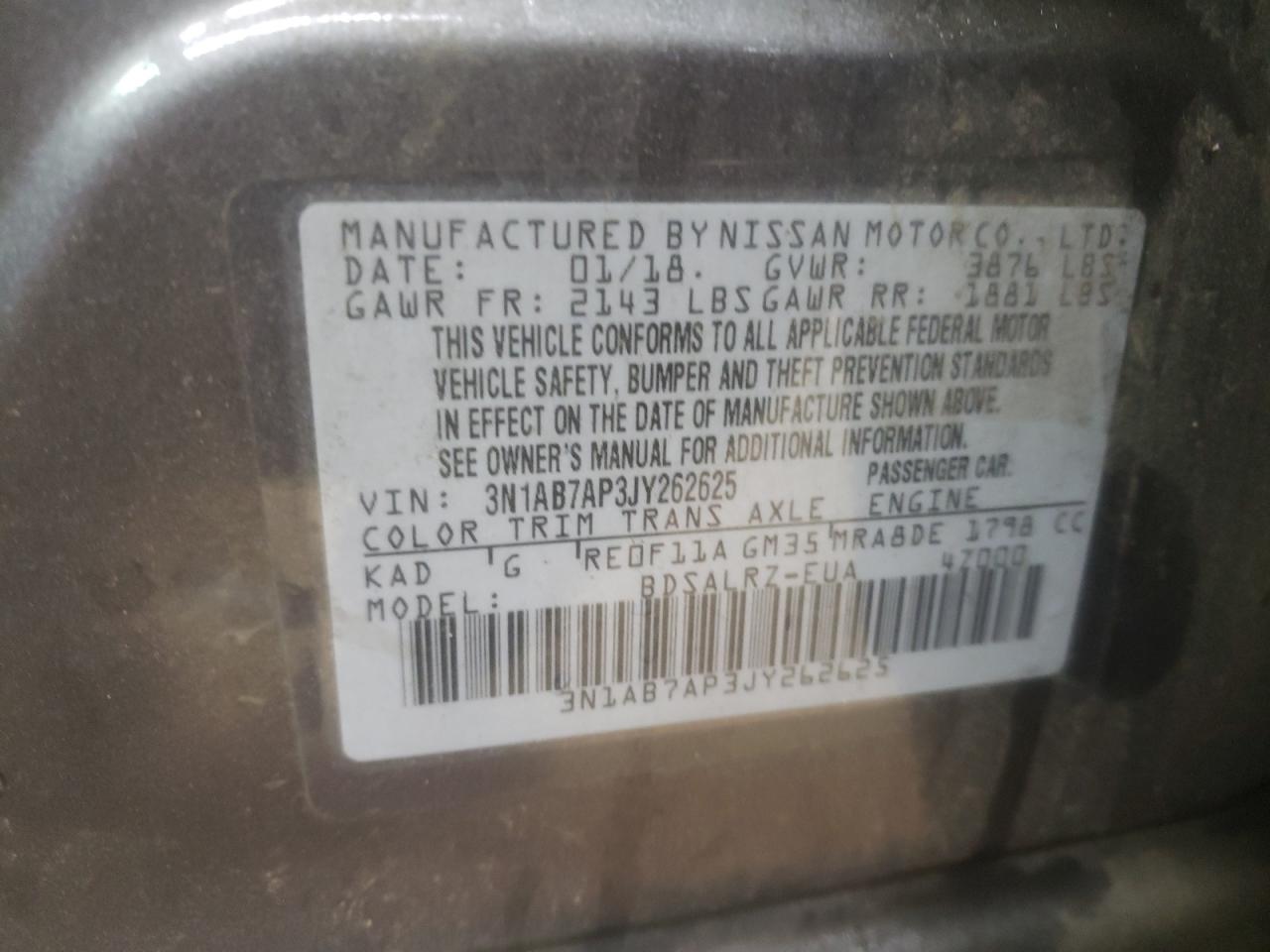 2018 Nissan Sentra S VIN: 3N1AB7AP3JY262625 Lot: 67895685