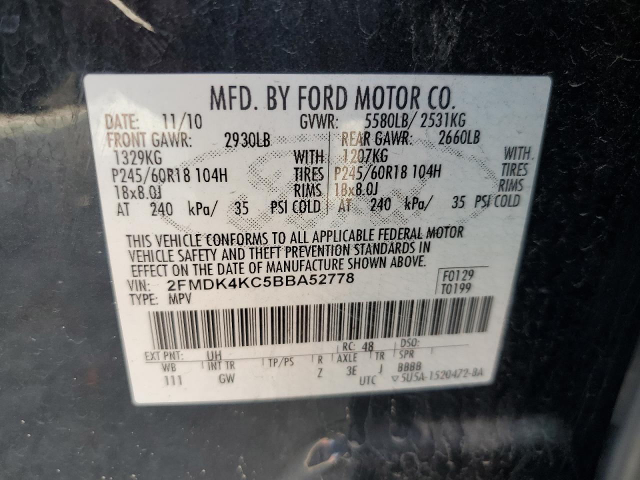 2011 Ford Edge Limited VIN: 2FMDK4KC5BBA52778 Lot: 68091685