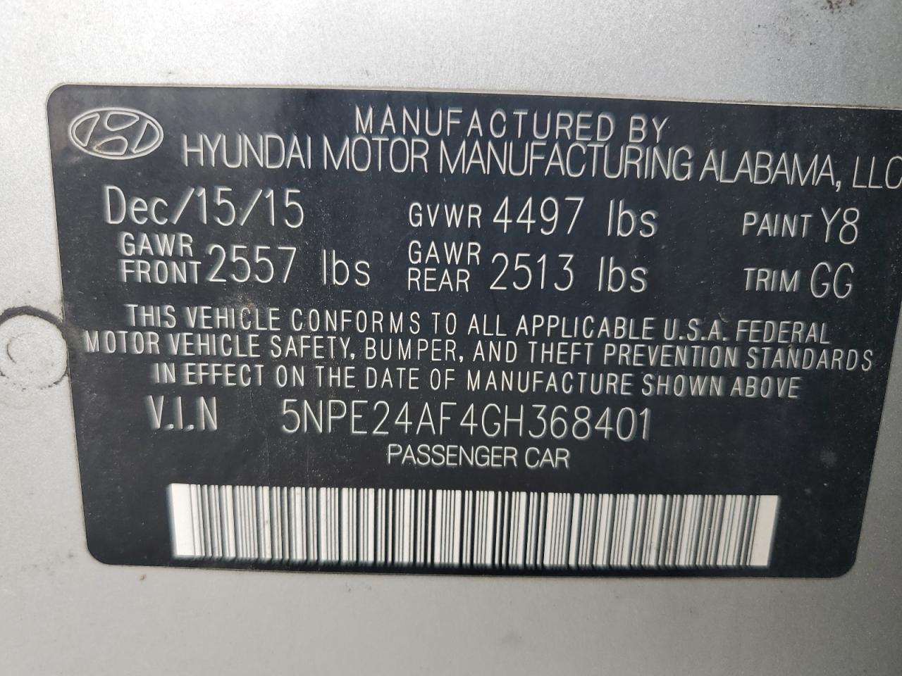 2016 Hyundai Sonata Se VIN: 5NPE24AF4GH368401 Lot: 67457875