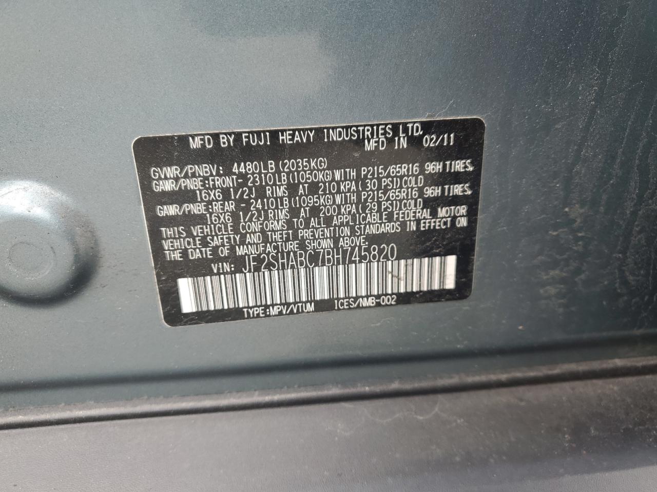 2011 Subaru Forester 2.5X VIN: JF2SHABC7BH745820 Lot: 70755715