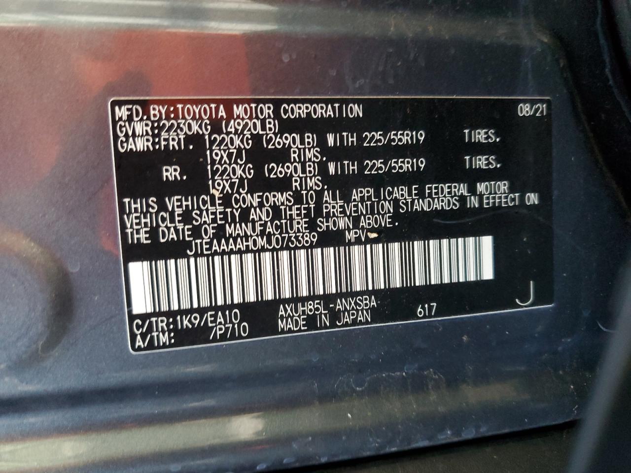 2021 Toyota Venza Le VIN: JTEAAAAH0MJ073389 Lot: 69994215