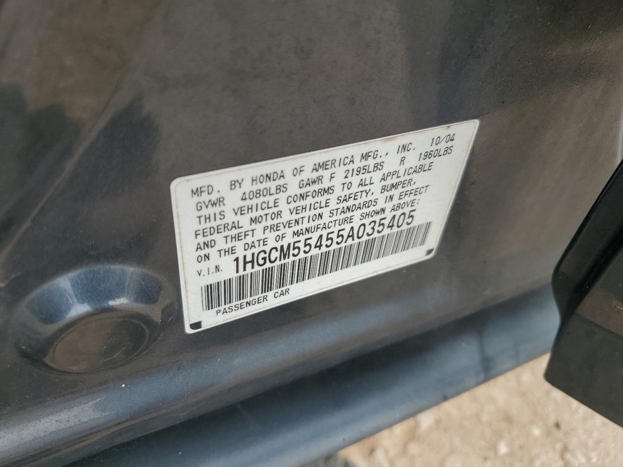 2005 Honda Accord Lx VIN: 1HGCM55455A035405 Lot: 68006125