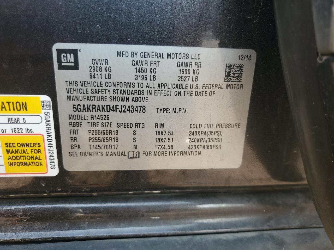 2015 Buick Enclave VIN: 5GAKRAKD4FJ243478 Lot: 68881185