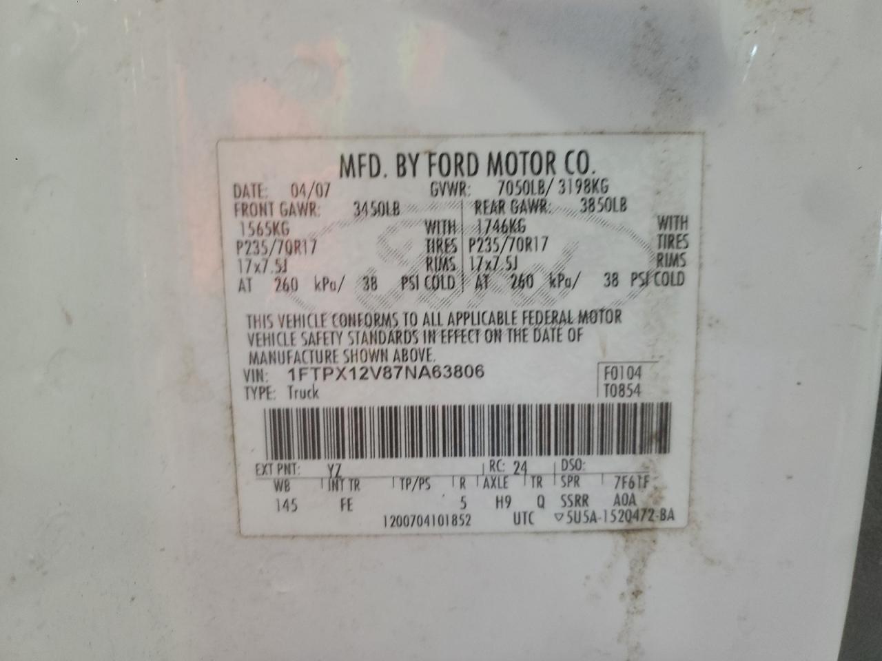 2007 Ford F150 VIN: 1FTPX12V87NA63806 Lot: 69779605