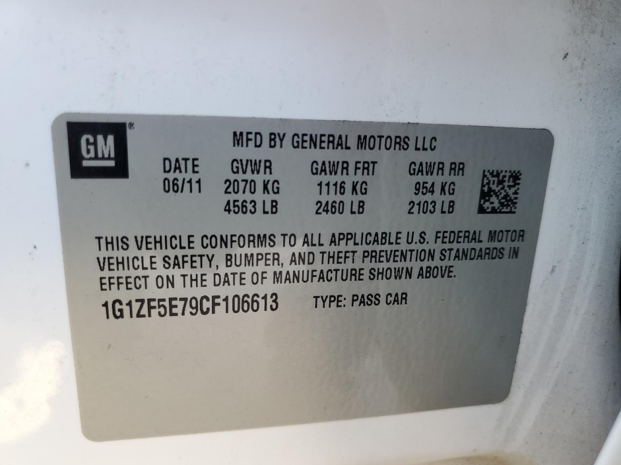 2012 Chevrolet Malibu 3Lt VIN: 1G1ZF5E79CF106613 Lot: 67966145