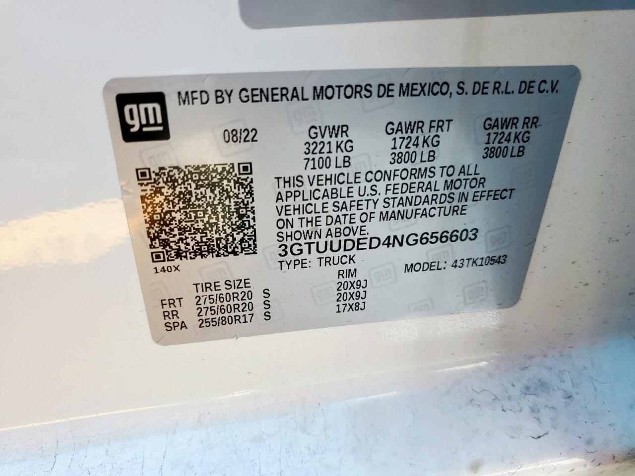 2022 GMC Sierra K1500 Slt VIN: 3GTUUDED4NG656603 Lot: 67720425